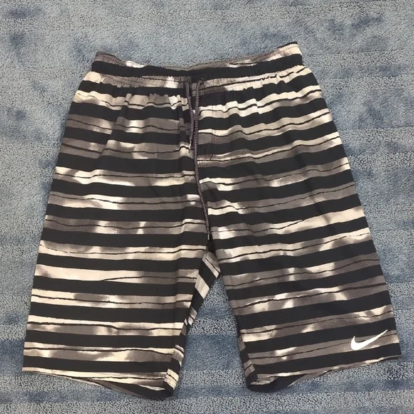 Nike Men's Striped Black and White Swim Shorts - Picture 1 of 4